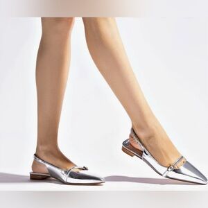 Larroude Metallic Silver Slingback Flats